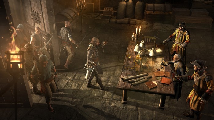 Men with swords in a dimly lit room
