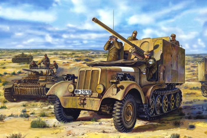 German SPG with soldiers in desert landscape