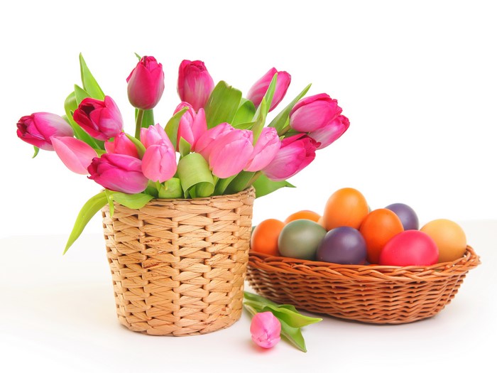Easter Tulips and Eggs in Wicker Baskets