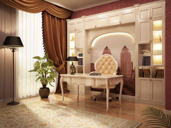 Elegant home office with city mural and ornate desk