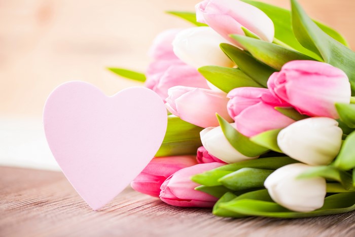 Pink and White Tulips with a Heart Card