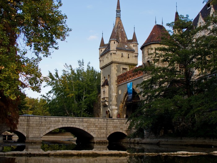 Vajdahunyad Castle bridge over water in Budapest, Hungary