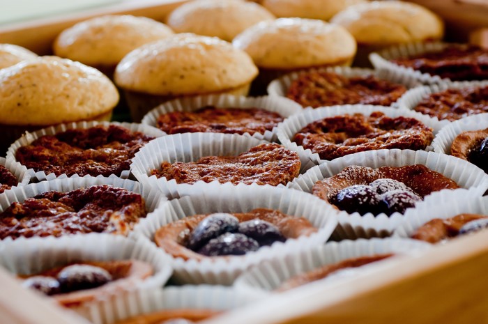 Assortment of small cakes and pastries in a tray