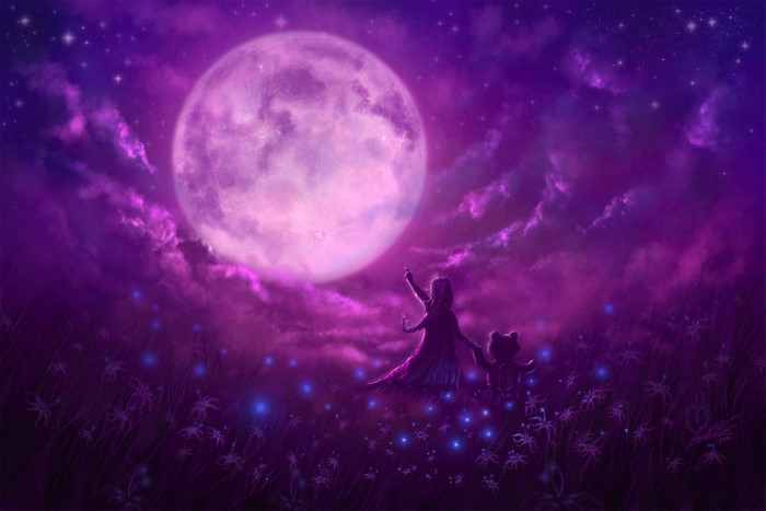 Girl and teddy bear under a large moon