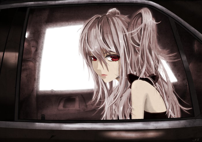 Anime girl with red eyes in a car