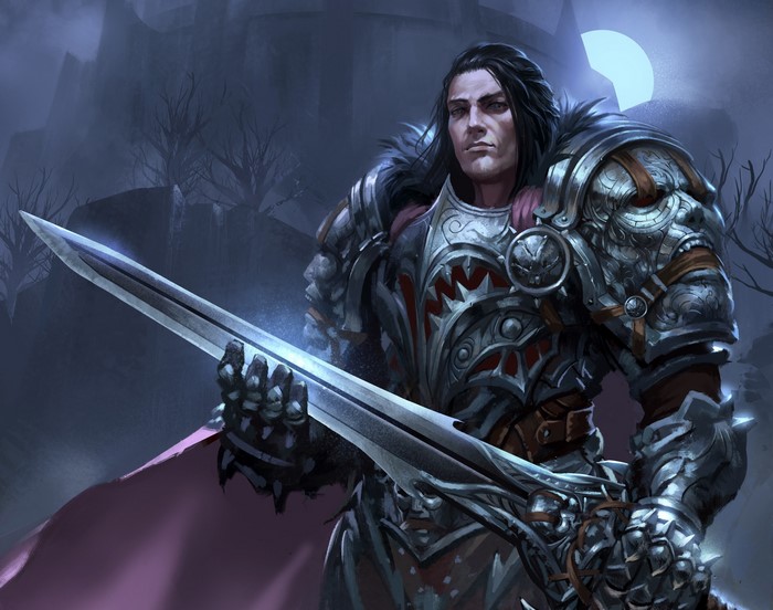 Man in ornate armor holding a sword