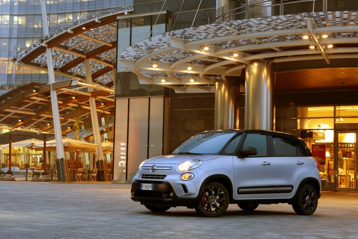 Silver Fiat 500L Beats Edition parked outside a modern building