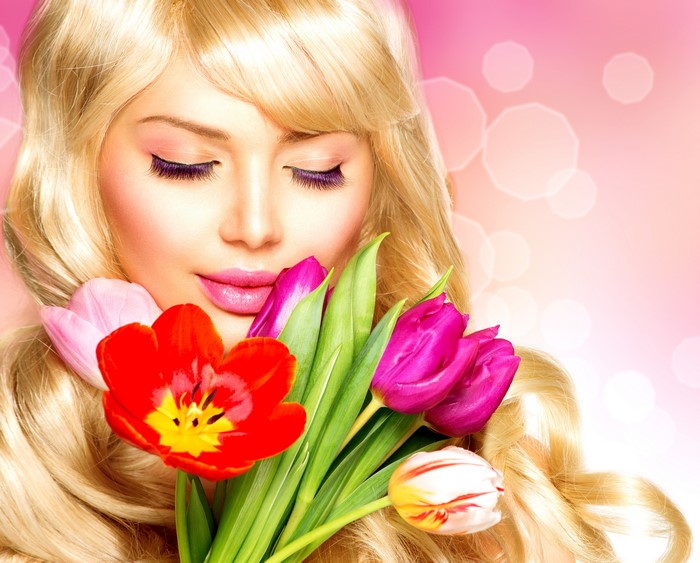 Blonde girl with tulips