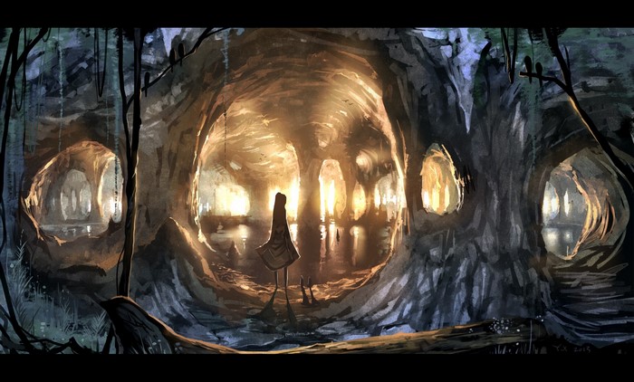 A lone figure stands in a glowing cave with water