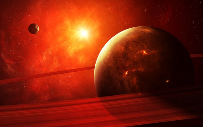 Planets in a red nebula with a bright sun