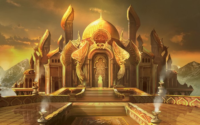 Fantasy palace with golden dome and mountains