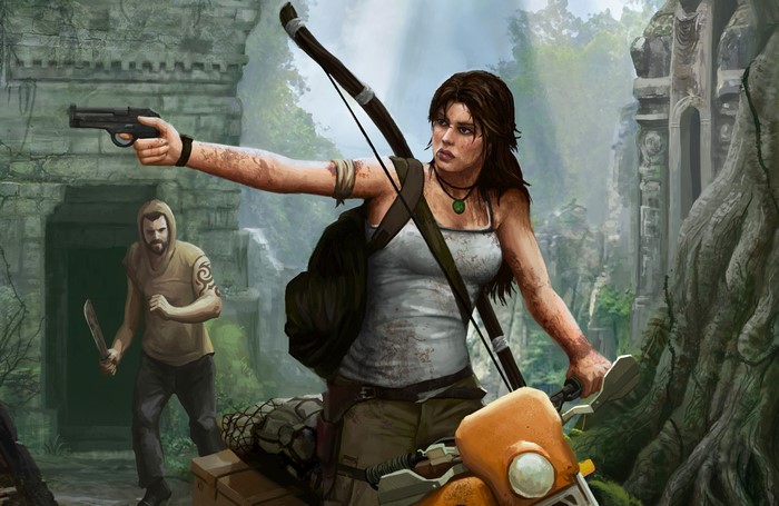 Lara Croft from Tomb Raider on a scooter with a bow and gun