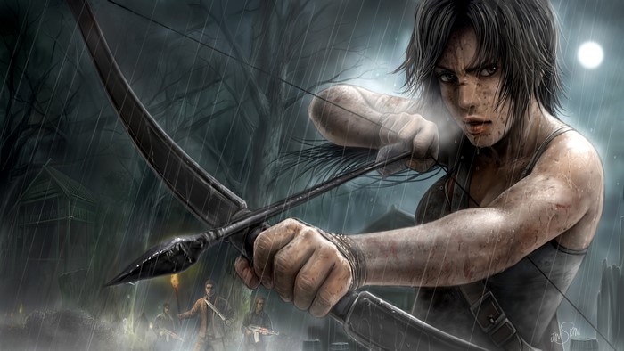 Lara Croft from Tomb Raider aiming a bow in the rain