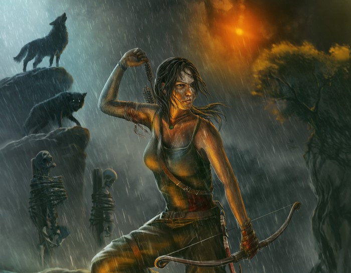Lara Croft from Tomb Raider in the rain with wolves