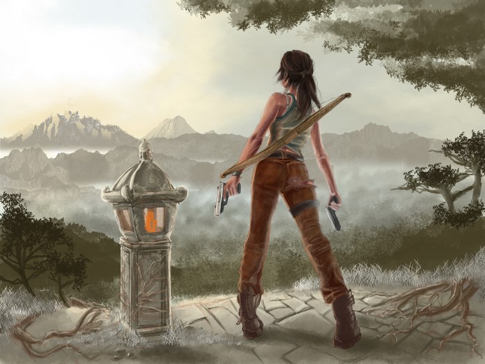 Lara Croft from Tomb Raider with bow and guns