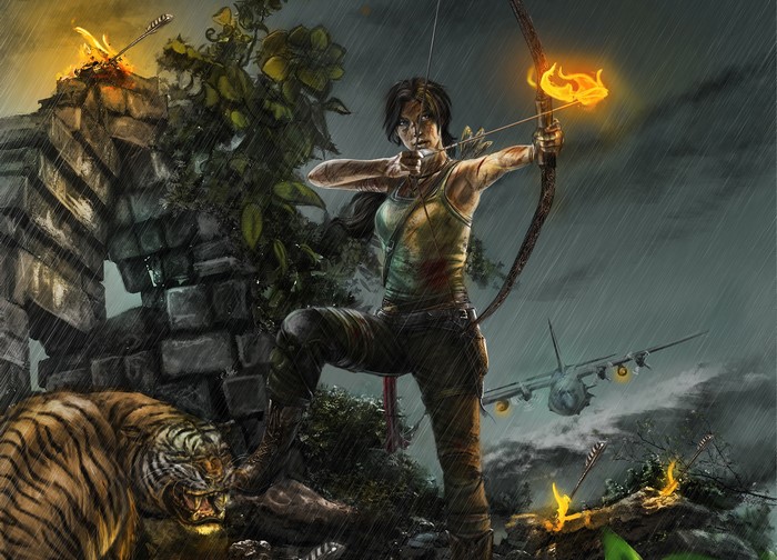 Lara Croft from Tomb Raider with bow and arrow in the rain