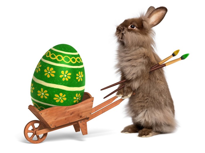 Easter bunny with painted egg and paintbrushes