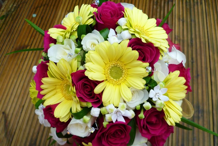 Bouquet of Yellow Gerbera Daisies, Pink Roses, and White Flowers