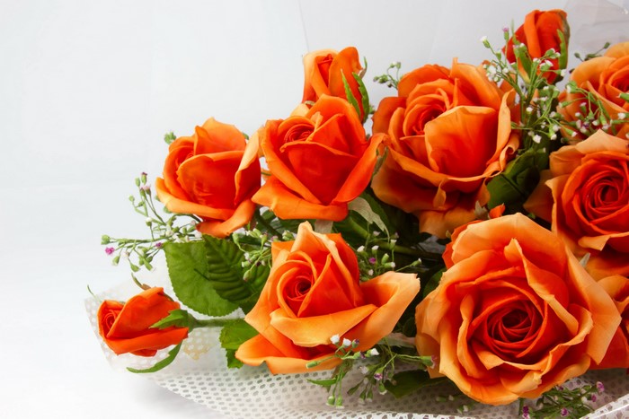 Bouquet of orange roses with small white flowers