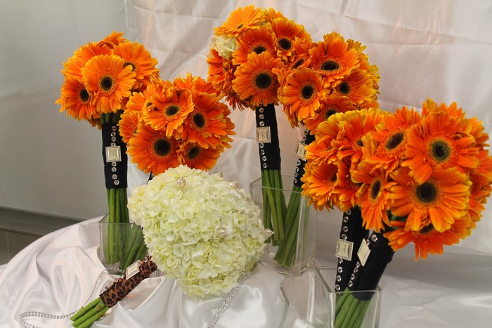 Orange Gerbera Daisy and White Hydrangea Bouquets