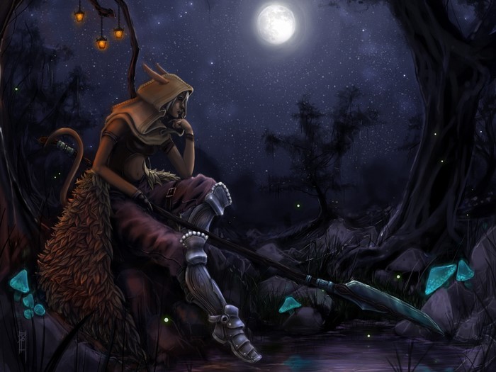 Elf warrior with spear in moonlit forest