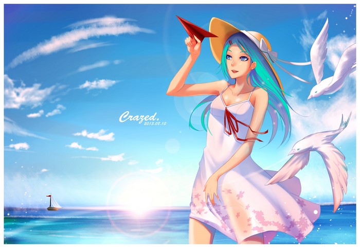 Girl with paper airplane and gulls on the beach