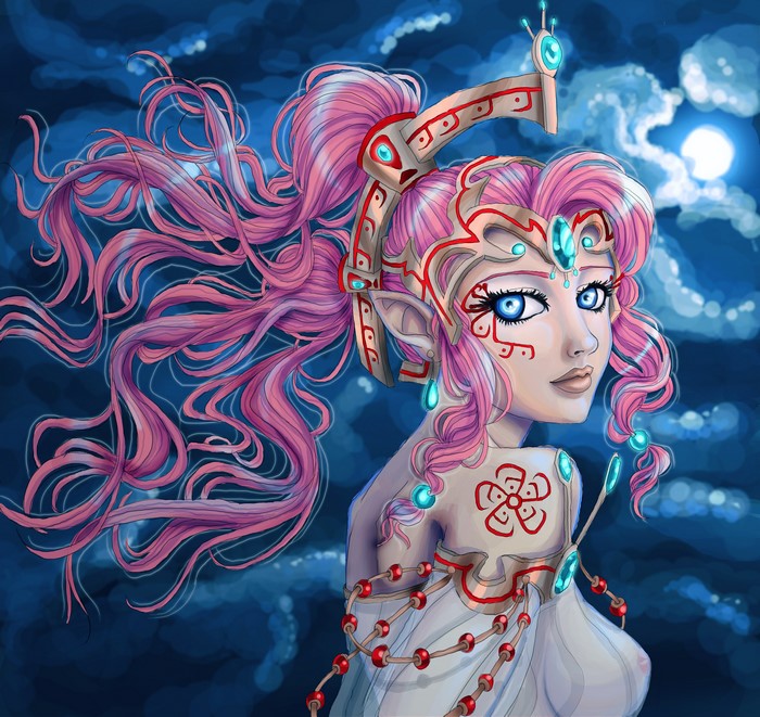 Elf with pink hair under the moon