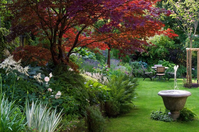 Beautiful garden with Japanese maple, fountain, and outdoor seating