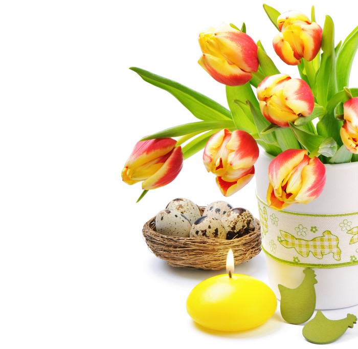 Easter Tulips, Eggs, and Candle