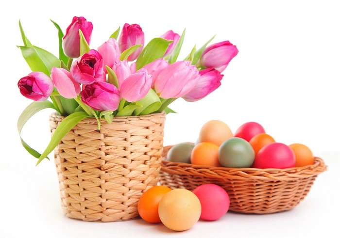 Easter Tulips and Eggs in Wicker Baskets