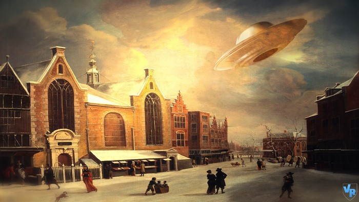 UFO over a snowy European city street