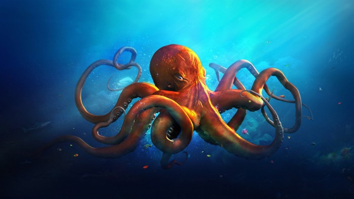 Giant octopus in a deep blue ocean