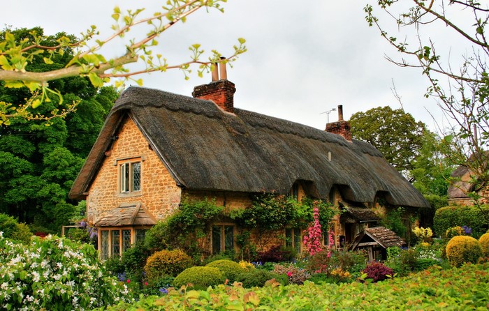 Thatched cottage with a garden in England