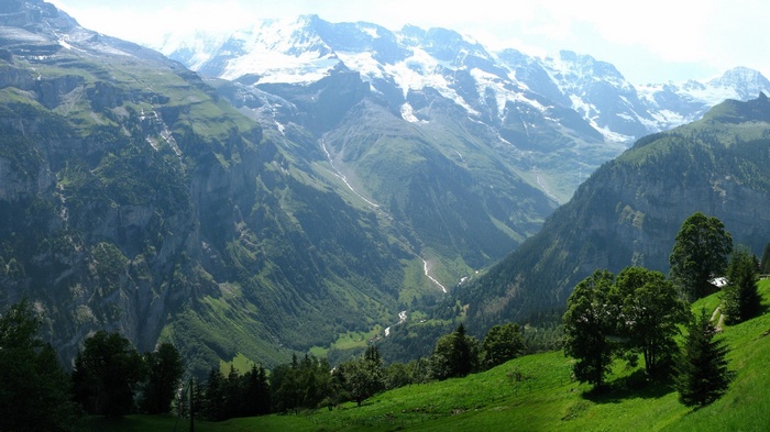Green valley with snow-capped mountains