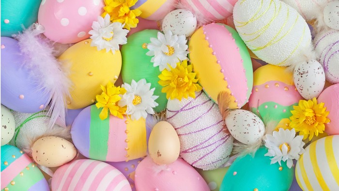 Easter Eggs with Flowers and Feathers