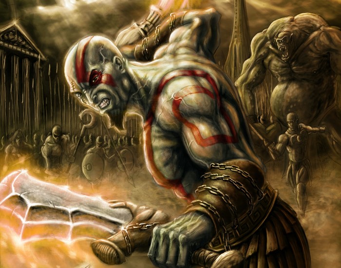 Kratos from God of War fighting monsters