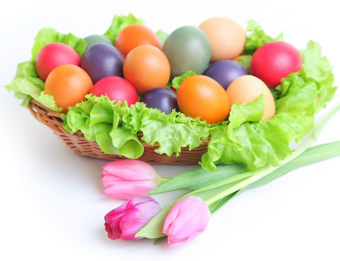 Easter Eggs in a Basket with Tulips