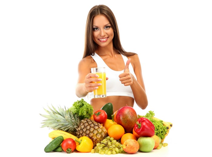 Woman with Juice and Fruits