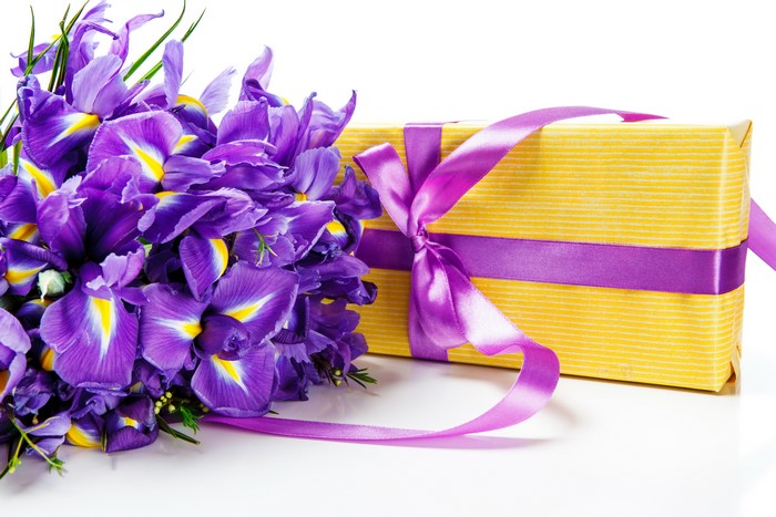 Purple Irises and Yellow Gift Box with Purple Ribbon