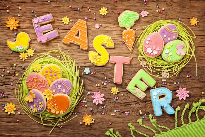 Easter cookies spelling out "EASTER" with decorative elements