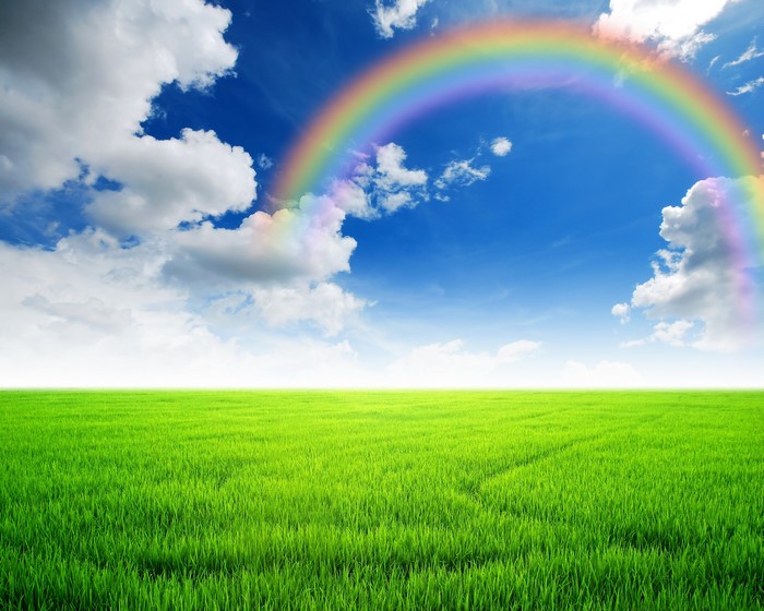 Green fields under a blue sky with a rainbow and clouds