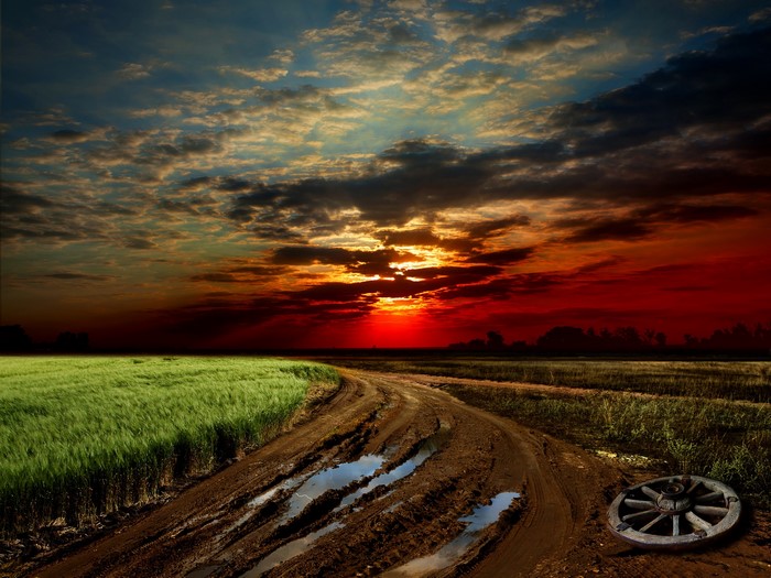 Muddy road through fields at sunset