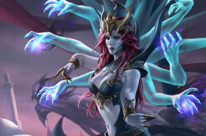 A sorceress with multiple arms casting magic