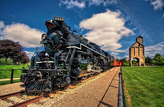 Pere Marquette 1223 steam locomotive on tracks