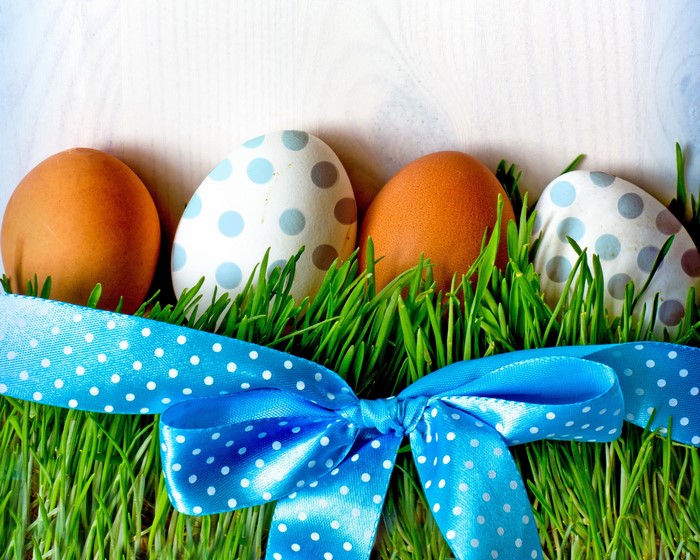 Easter Eggs with Blue Polka Dot Bow in Grass