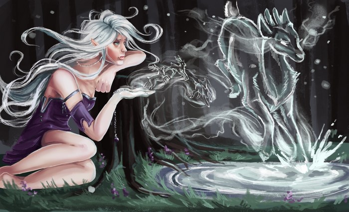 Elf woman conjures spirit deer in a forest