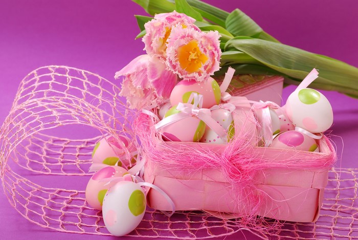 Easter Tulips and Decorated Eggs in a Basket