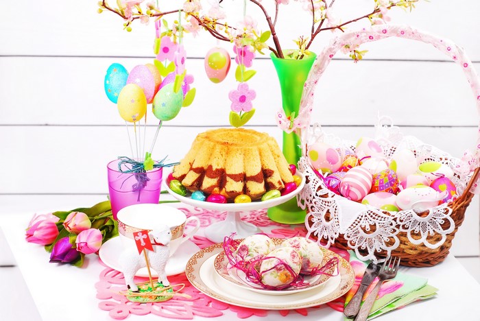 Easter Table Setting with Cake, Eggs, and Tulips