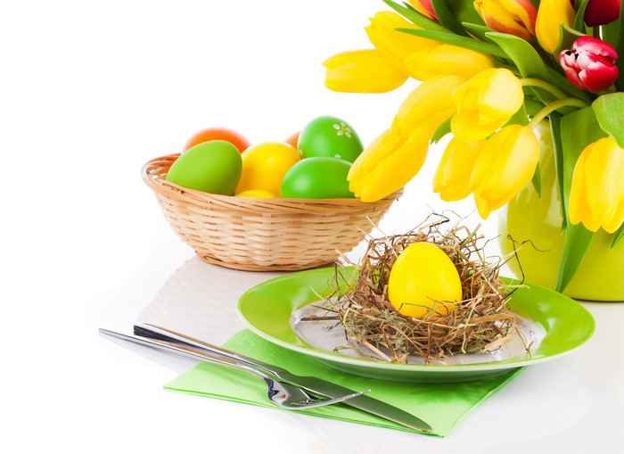Easter Table Setting with Tulips and Eggs