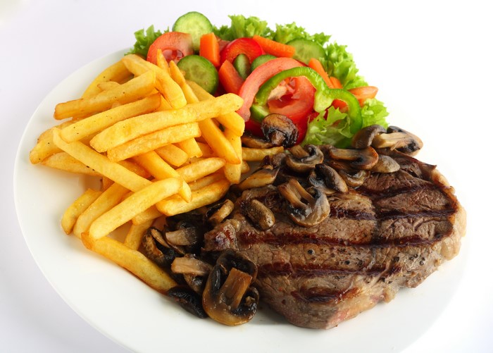 Steak with French fries, mushrooms, and salad
